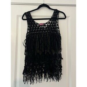 Vintage Y2K Say What Black Crochet Knit Sheer Fringe Tank SZ XL Festival